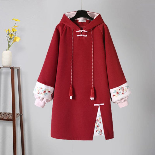 Vintage Crane Embroidery Plush Sweatshirt Dress - Red / S