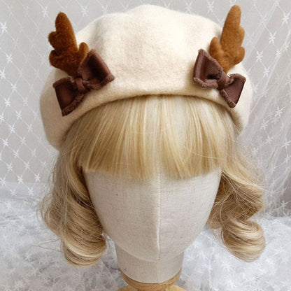 Vintage Deer Ears Lolita Beret Warm - Beige / One Size