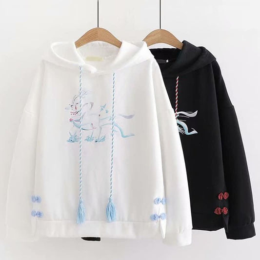 Vintage Deer Print Buckle Plush Hoodie