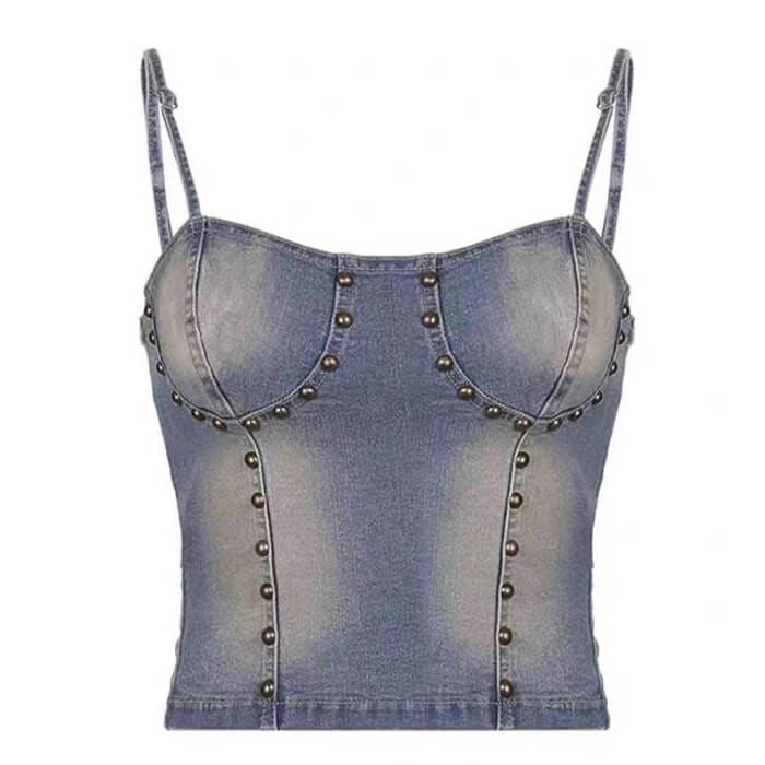 Vintage Denim Rivet Top - S / Blue - Tops