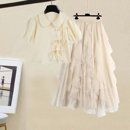 Vintage Doll Collar Puff Sleeve Top Tulle Skirt - Set / M