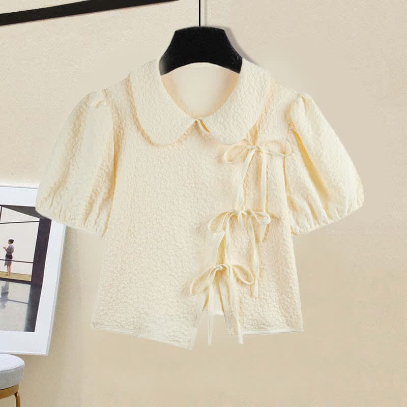 Vintage Doll Collar Puff Sleeve Top Tulle Skirt - T-Shirt