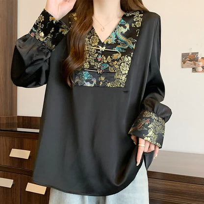 Vintage Dragon Buckle Long Sleeve V-neck Shirt