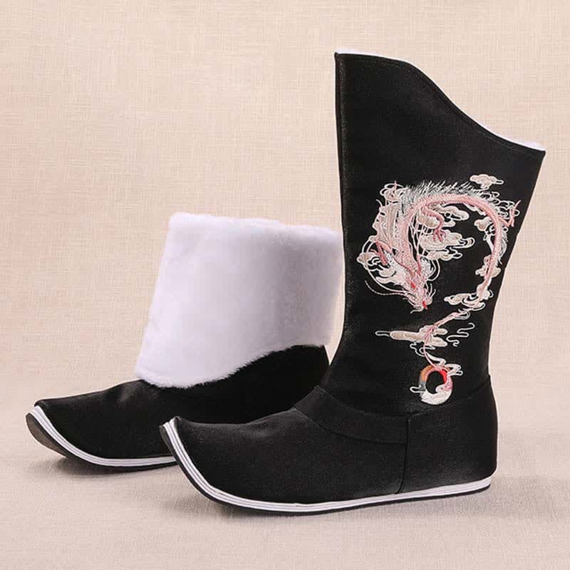 Vintage Dragon Embroidery Pointed Toe Plush Boots - Black