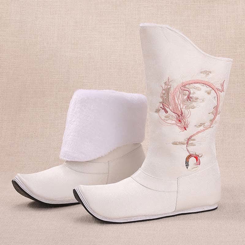 Vintage Dragon Embroidery Pointed Toe Plush Boots - White