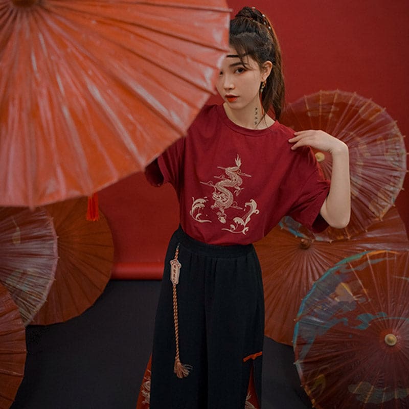 Vintage Dragon Embroidery T-Shirt Tassel Pants Set