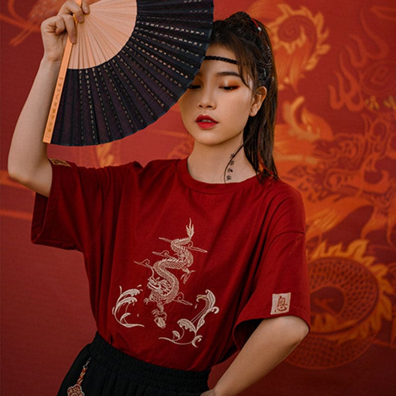 Vintage Dragon Embroidery T-Shirt Tassel Pants Set