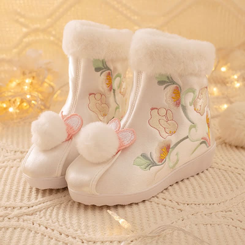 Vintage Embroidery Bunny Plush Boots - White / 35