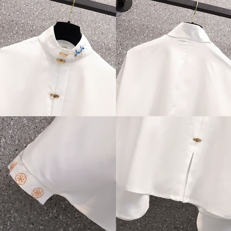 Vintage Embroidery Coat Batwing Sleeve Shirt Pleated Skirt