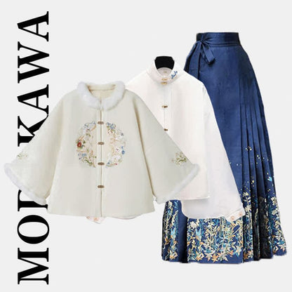 Vintage Embroidery Coat Batwing Sleeve Shirt Pleated Skirt