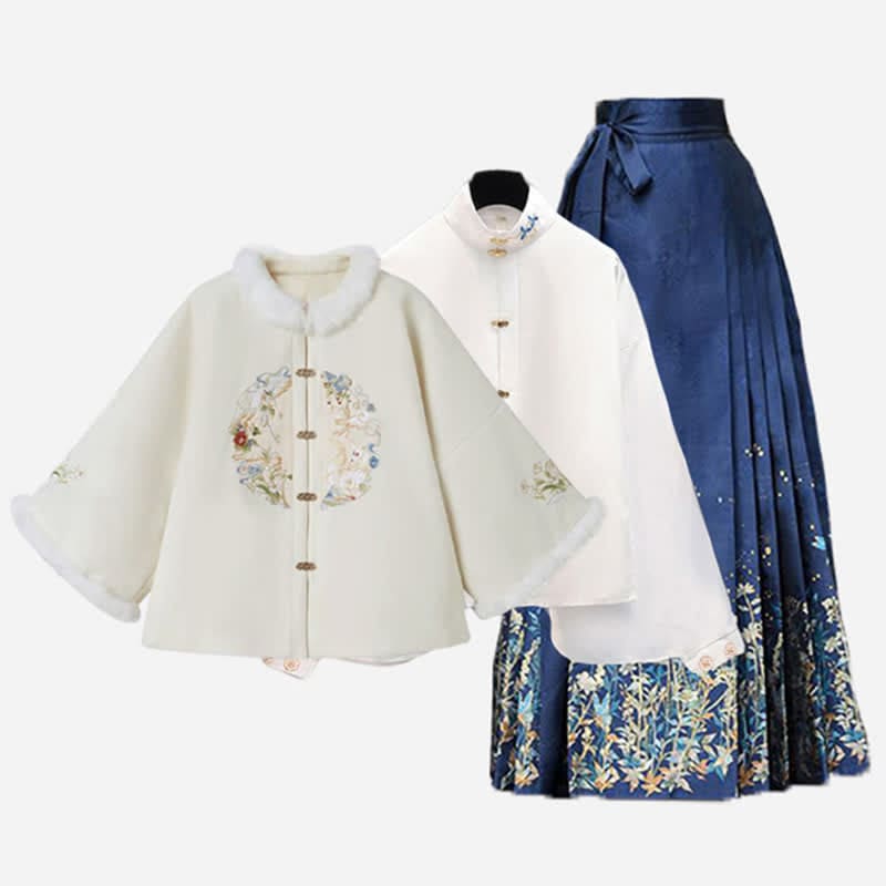 Vintage Embroidery Coat Batwing Sleeve Shirt Pleated Skirt