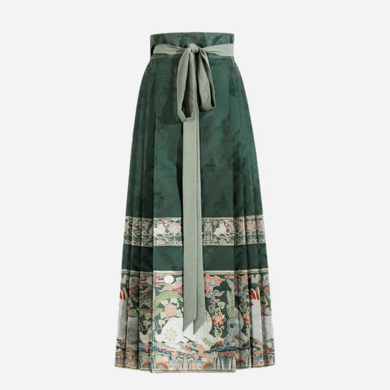 Vintage Embroidery Coat Green High Waist Pleated Skirt