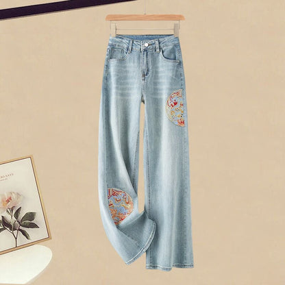 Vintage Embroidery Lapel Shirt Denim Pants - Pants / M