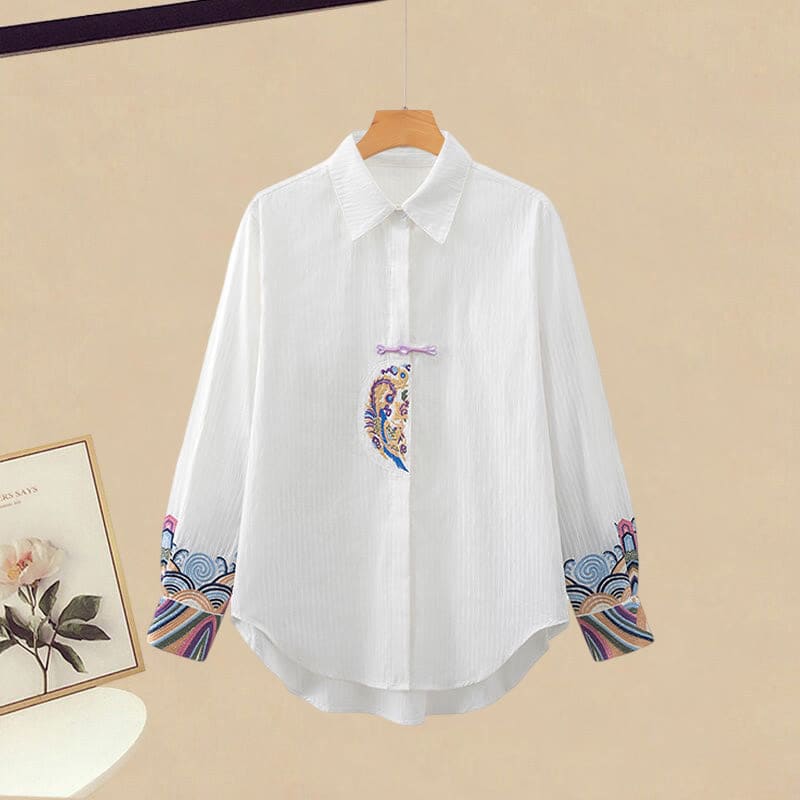 Vintage Embroidery Lapel Shirt Denim Pants - Shirt / M