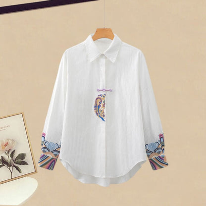 Vintage Embroidery Lapel Shirt Denim Pants - Shirt / M