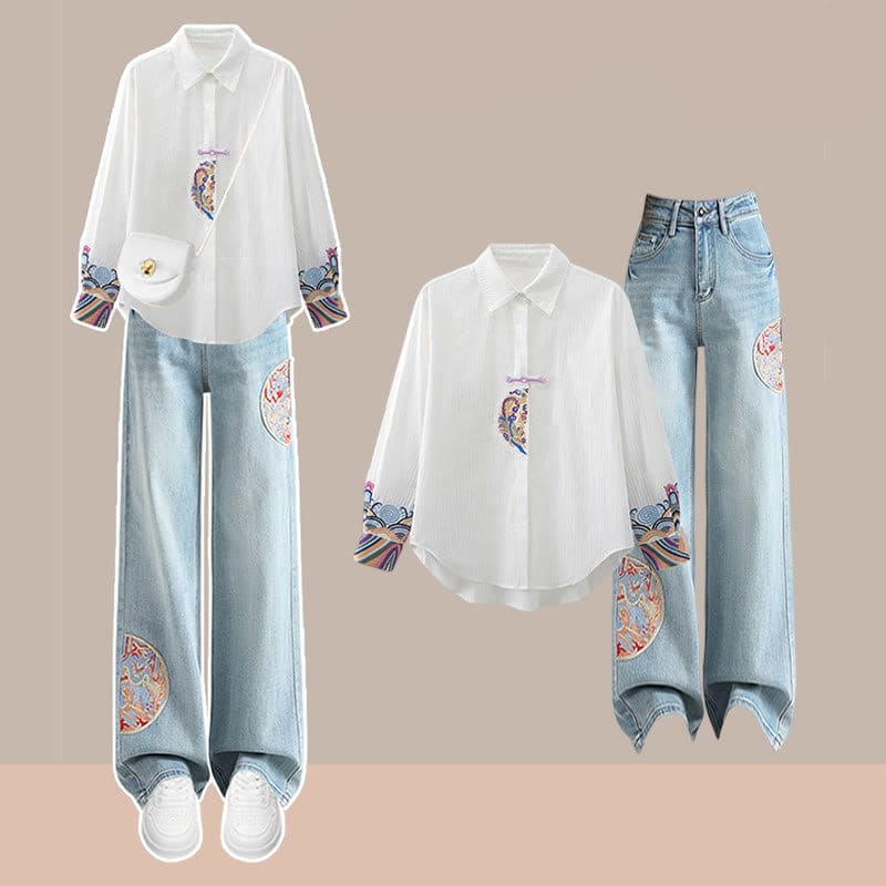 Vintage Embroidery Lapel Shirt Denim Pants - Set / M