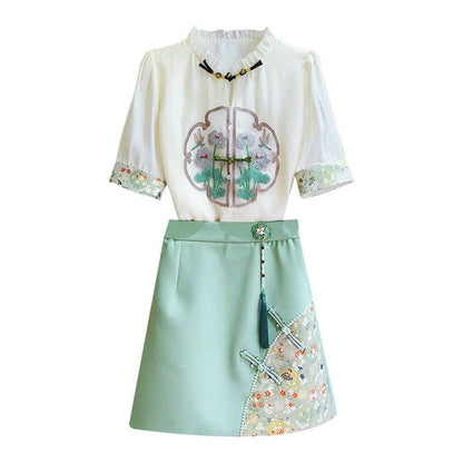 Vintage Embroidery Shirt Flower Skirt Set - Set / S