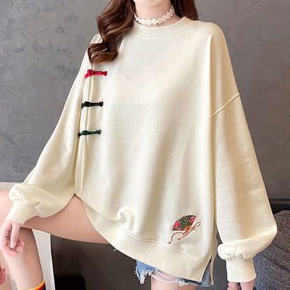 Vintage Fan Embroidery Buckle Sweatshirt