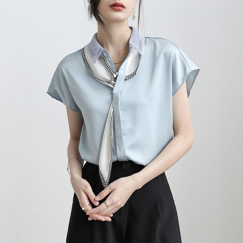 Vintage Fashion Lace Collar Tie Shirt - Blue / M