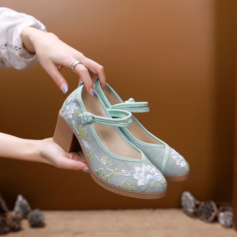 Vintage Floral Embroidery Canvas High Heel Shoes - Green