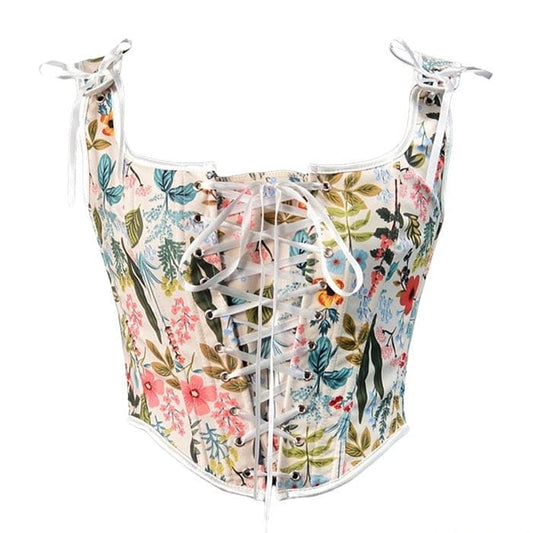 Vintage Floral Print Corset - S / White - Tops