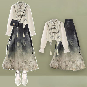 Vintage Floral Print Dress Set - Shirt / M 40-50kg