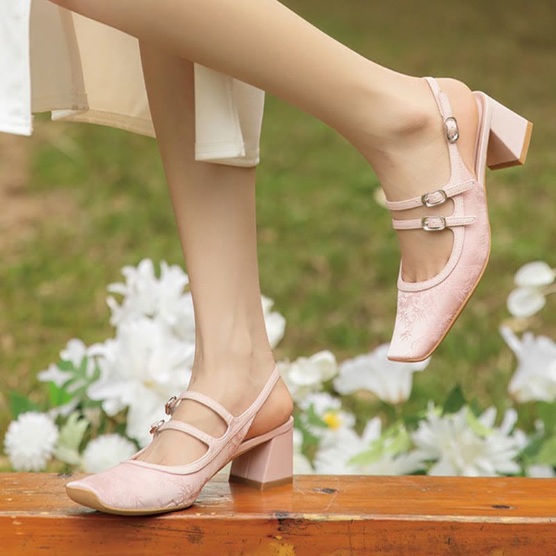 Vintage Floral Thick Heel Summer Sandals - Pink / 35