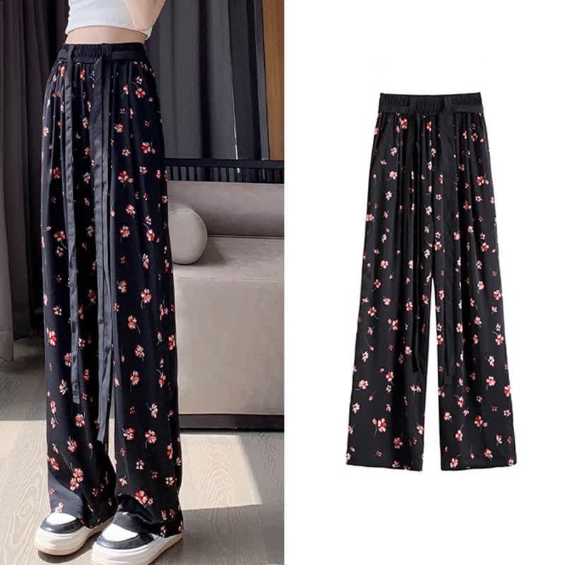 Vintage Flowers Print Chiffon Wide Leg Pants - Color 4 / M