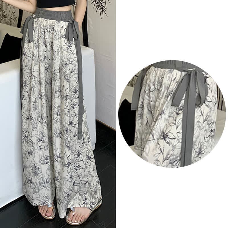 Vintage Flowers Print Chiffon Wide Leg Pants - Color 7 / M