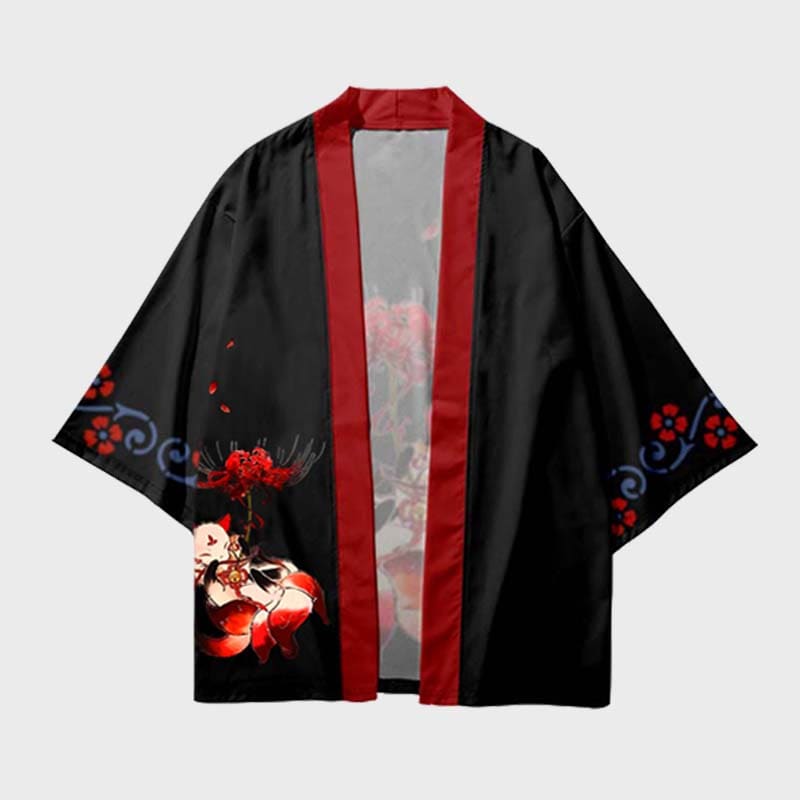 Vintage Fox Equinox Flower Black Kimono Outerwear