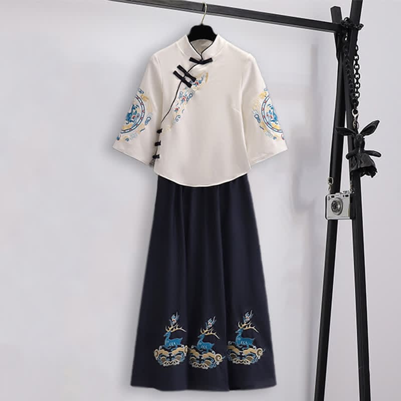 Vintage Hanfu Deer Embroidery Buckle Shirt Skirt - Set / M