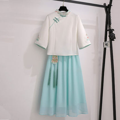 Vintage Hanfu Embroidery Buckle Shirt Tassel Skirt