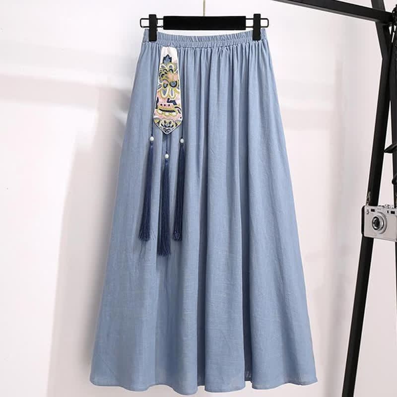 Vintage Hanfu Embroidery Buckle Shirt Tassel Skirt - Blue