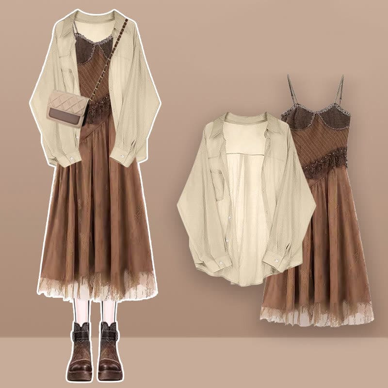 Vintage Hollow Coverup Backless Suspender Dress Brown