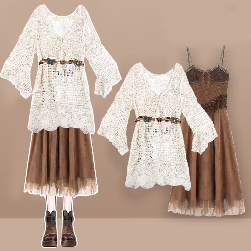 Vintage Hollow Coverup Backless Suspender Dress Brown