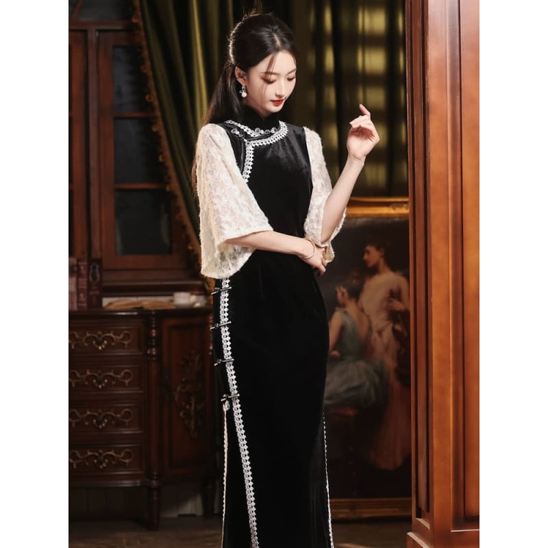 Vintage Lace Sleeve Long Cheongsam - Female Hanfu