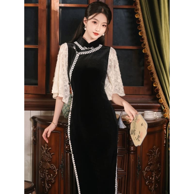 Vintage Lace Sleeve Long Cheongsam - Female Hanfu