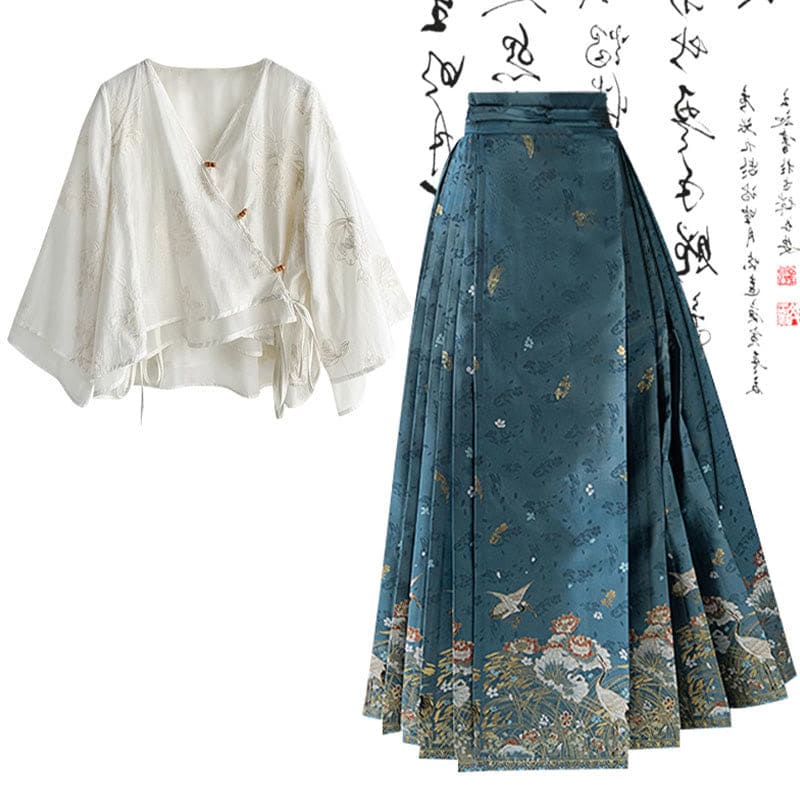 Vintage Lace-up Shirt High Waist Pleated Skirt Set - Set / M