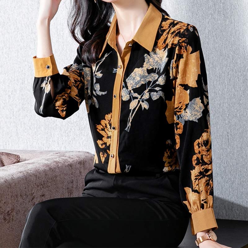 Vintage Lapel Leaves Print Shirt