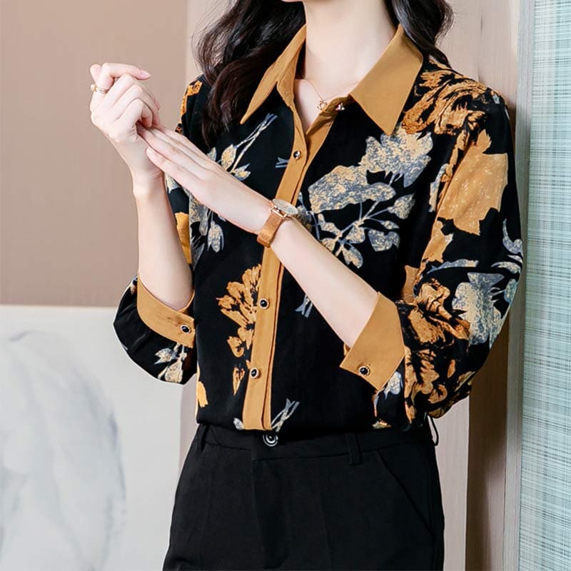 Vintage Lapel Leaves Print Shirt - Black / M