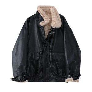 Vintage Leather Loose Jacket - Free Size / Black - Jackets