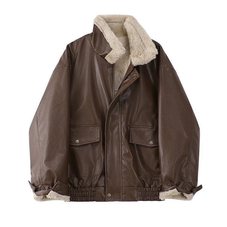 Vintage Leather Loose Jacket - Free Size / Brown - Jackets