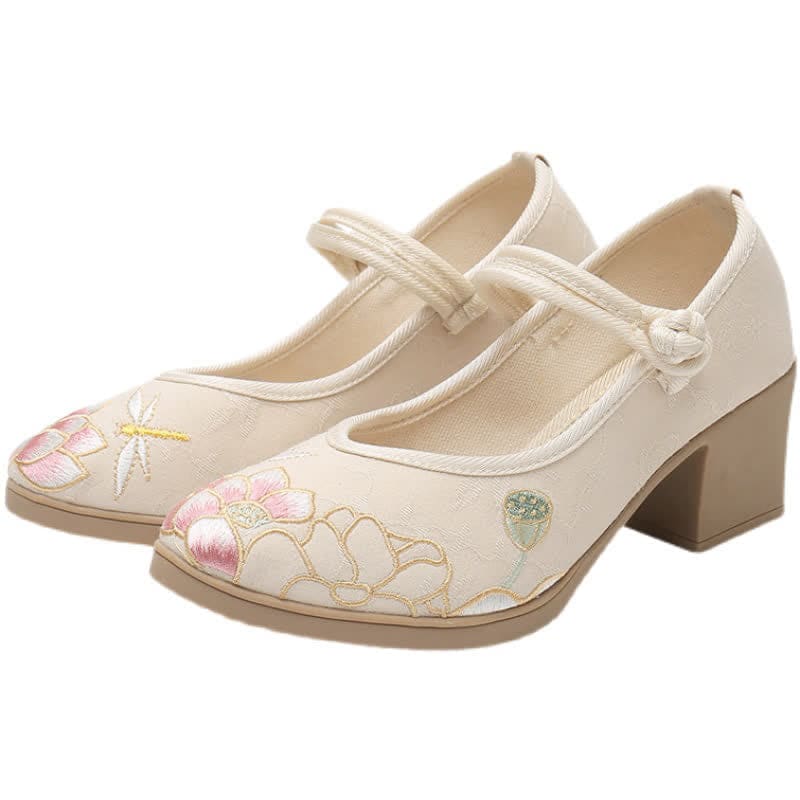 Vintage Lotus Canvas High Heel Shoes - Apricot / 35