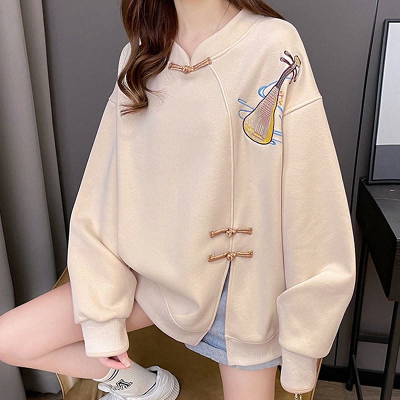 Vintage Lute Embroidery Buckle Split Plush Sweatshirt