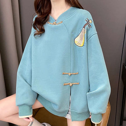 Vintage Lute Embroidery Buckle Split Plush Sweatshirt