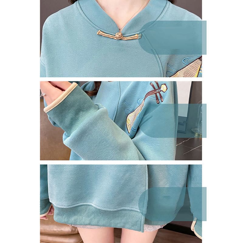 Vintage Lute Embroidery Buckle Split Plush Sweatshirt