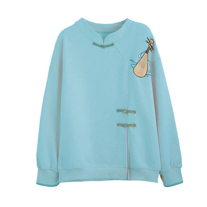 Vintage Lute Embroidery Buckle Split Plush Sweatshirt