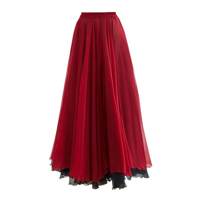 Vintage Mesh Spilce T-Shirt Flowy Double Skirt - Wine Red