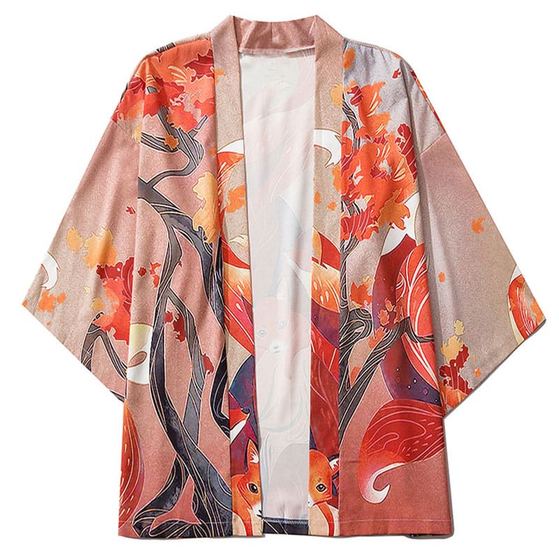 Vintage Nine Tailed Fox Cardigan Kimono Outerwear - Orange