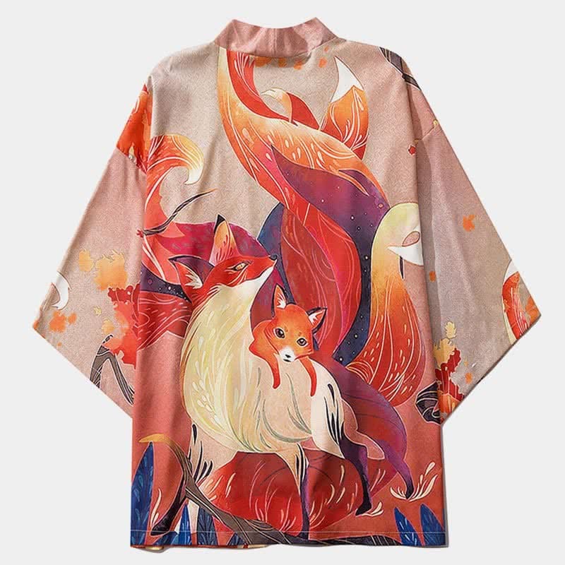 Vintage Nine Tailed Fox Cardigan Kimono Outerwear - Orange